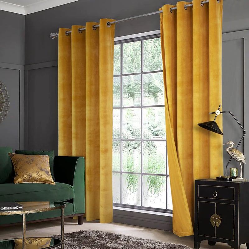 always4u Yellow Soft Velvet Curtains Set of 2 108 Inches Long for Living Room Bedroom Light Filtering Privacy Energy Efficient Velour Drapes Window Treatment - Image 1